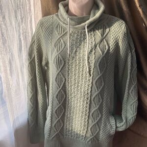 L.L. Bean Sage Green Cable Knit Funnel Neck Sweater